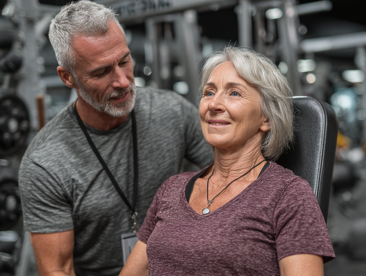 Antrenor specializat ghidând exerciții pentru seniori într-un studio modern